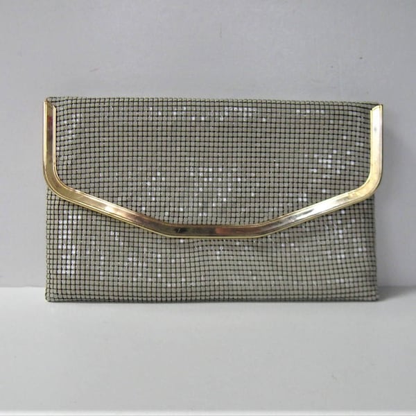 SALE, Vintage Mod Gold Beige Mesh clutch evening purse, Gold frame, 9" x 5", satin lining, Woman's accessory, Wedding, gift idea