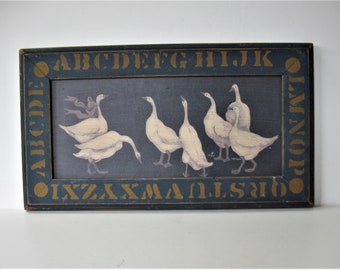 Vintage 80's hand painted wood wall hanging, 14 1/2" x 5", white geese, blue wood alphabet wall décor, artist signed, primitive folk art