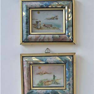 2 framed Chromolithograph signed prints, vintage Italian wall hangings, Creazione Artistici, Italian wall décor, raised relief seascape
