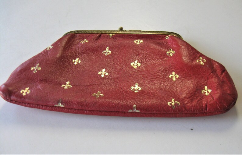 Florentine wallet gift idea gold stamped Fleur de Lis design Vintage gold stamped red Italian leather coin purse 6 12 x 4 kiss lock