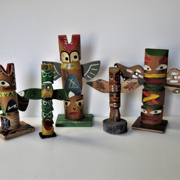 SALE, 5 vintage Totem Poles, hand carved, hand painted, 7 1/2" tall, Tiki Bar, Indian Souvenirs, USA, Southwestern, instant collection, gift