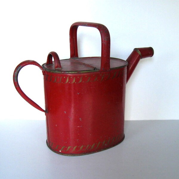 Antique Red Metal Watering Can, Made in England, Hot Water pot, Princess Wares, circa 1900, Farmhouse decor, Shabby Chic, gift idea