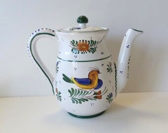 Handmade Deurta Italian ceramic teapot, 7" x 6", lidded, bird and flowers, signed, vintage farmhouse kitchen décor, white Derurta teapot