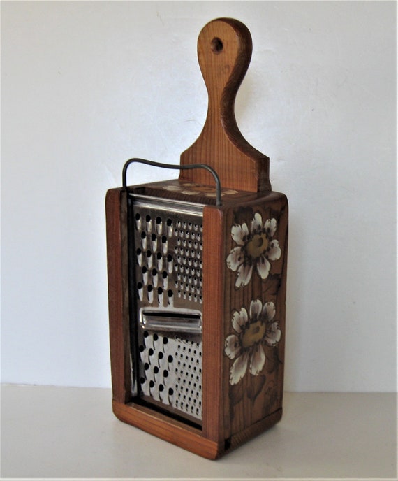 Vintage Wood Box Cheese Grater, 13 X 5 X 3 1/2, Hand Painted Flowers,  Rustic Farmhouse Kitchen Appliance, Wall Hanging, Sliding Grater 