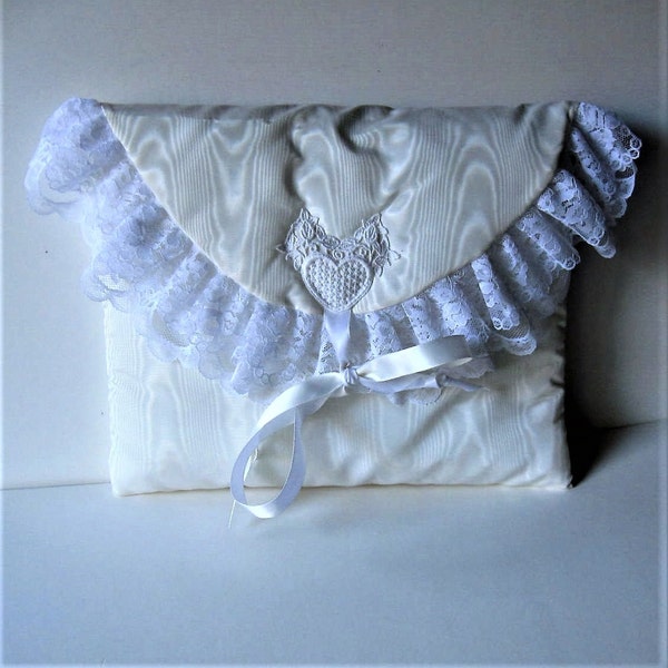 Vintage Taffeta Ring Bearer pillow, Wedding accessory, 12" x 10 1/2, white lace envelope pillow, Bridal lingerie storage, gift idea