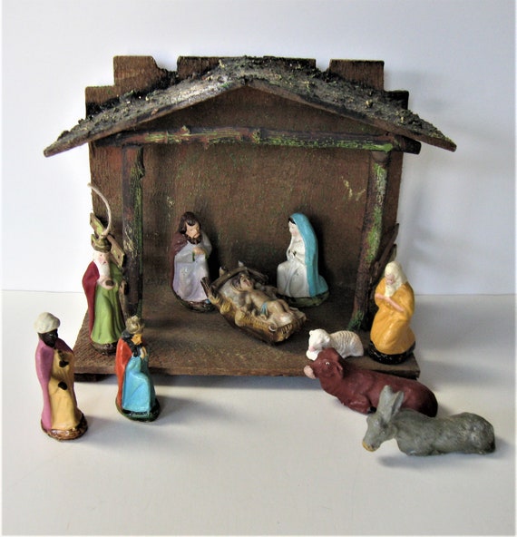 Vintage German Nativity Set 9 1 2 X 8 Composite Creche Figures Rustic Wood Manger 10 Pieces Religious Christmas Decor Gift Idea