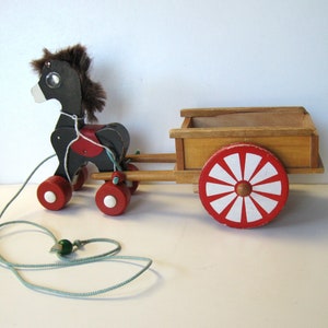Antique Donkey and cart pull toy, 12" x 7", painted wood vintage pull toy, rolling horse and cart, MCM collectible toy, Cottagecore, gift