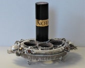 Vintage Italian 4 Lipstick holder, 4 1 4 quot x 2 1 4 quot , floral design, vanity makeup storage, faux pearls, shabby white metal lipstick caddy