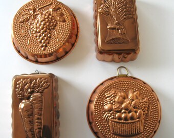 4 vintage copper wall molds, 8" tall, wheat, carrots, fruit basket, grapes, French Country Farmhouse kitchen, copper gallery wall décor