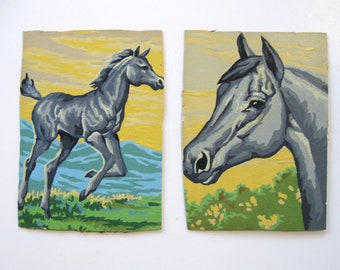 2 vintage unframed paint by number Horse Paintings, 5" x 7", equestrian home décor, kitsch animal lover,  collectible wall art, gift idea