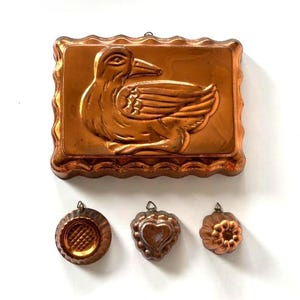 Bundle of 4 vintage copper molds, 12" x 9" largest, fruit, Duck, heart, French Country Farmhouse kitchen, copper gallery wall hangings, gift