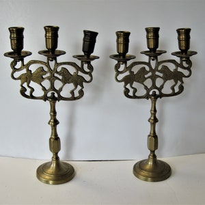 Matching pair of Vintage Brass Candlestick Holders, 12" tall, 2 Brass Lion Candle Holders, Lion Candlestick candelabra, Cottagecore décor