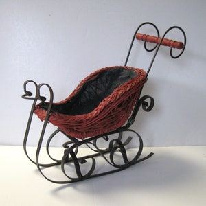 Vintage red wicker and black metal Santa Sled, wicker doll sleigh, Sleigh Christmas ornament, holiday centerpiece, gift container, gift idea image 2