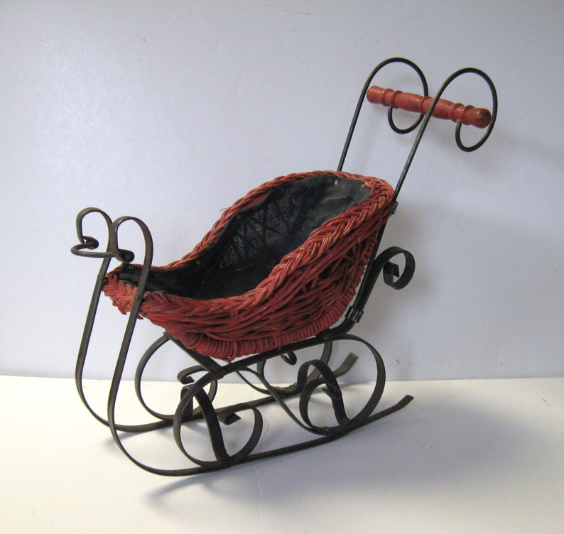 Vintage red wicker and black metal Santa Sled, wicker doll sleigh, Sleigh Christmas ornament, holiday centerpiece, gift container, gift idea image 2