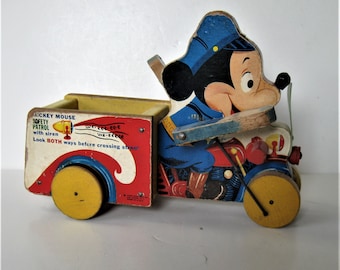 SALE, Vintage Mickey Mouse safety patrol pull toy with siren, 9 1/2" x 7", Fisher Price, Copyright Walt Disney, FP-733, shabby nursery décor