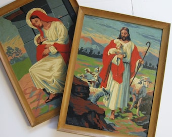 2 wood framed paint by number Paintings, Madonna, The Good Shepherd, 13" x 17", religious home décor, kitsch wall art, Jesus gallery wall