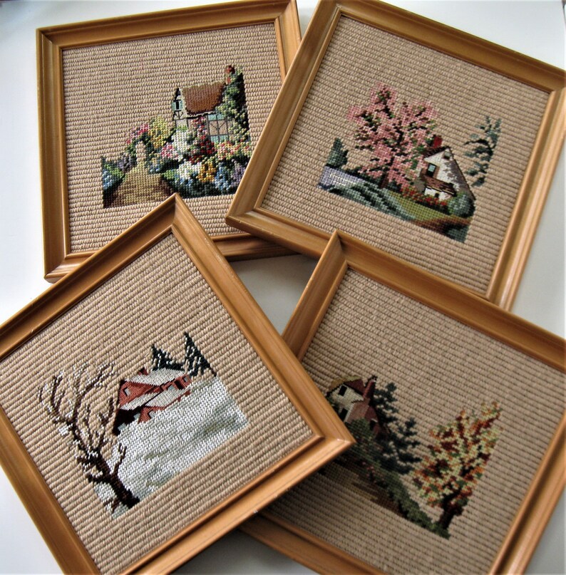 SALE 4 Wood Framed Needlepoint Seasons Pictures 11 X Etsy