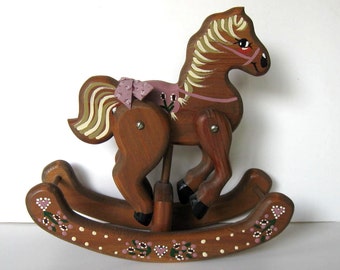 Handmade Vintage Wood Rocking Horse, 10" x 10", brown and pink, Primitive Folk Art Collectible, Nursery Decor, gift for kids