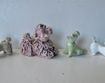 SALE, 4 Vintage ceramic spaghetti poodles, 1/2" tallest, collectible MCM dogs, pink, green, white, animal lover, gift idea