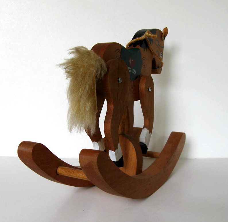gift idea Heart Nursery decor 11 x 9 Primitive Folk Art jointed legs Vintage painted wood Rocking Horse
