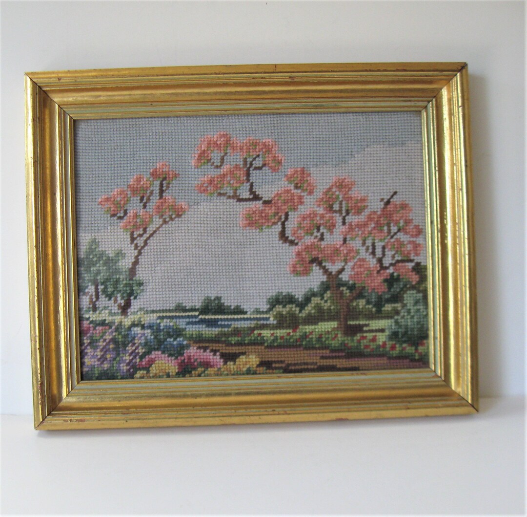 Vintage Gold Wood Framed Needlepoint Wall Hanging, 14 1/2" X 11 1/2 ...