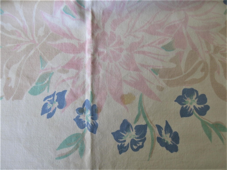 49 x 44 Retro linens floral gift idea prop Cutters rectangle Shabby cotton Mid Century Floral Tablecloth blue and turquoise