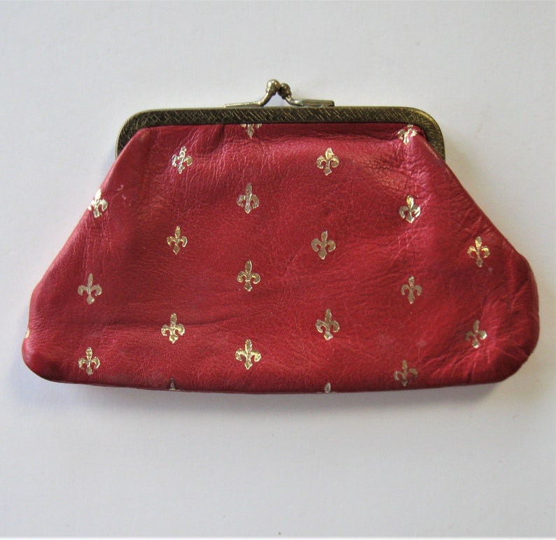 Florentine wallet gift idea gold stamped Fleur de Lis design Vintage gold stamped red Italian leather coin purse 6 12 x 4 kiss lock