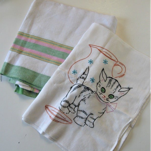 2 Shabby vintage tablecloths, Mid Century cotton Tablecloths, Useable or Cutters, kitty cat, green plaid, Kitchen Linens, Picnic tablecloth