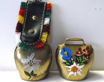 2 Vintage Swiss Cow Bells, painted flowers, 5 and 2 1/2", fringed strap hanger, 2 Bavarian souvenirs, edelweiss, Interlacken bell, gift