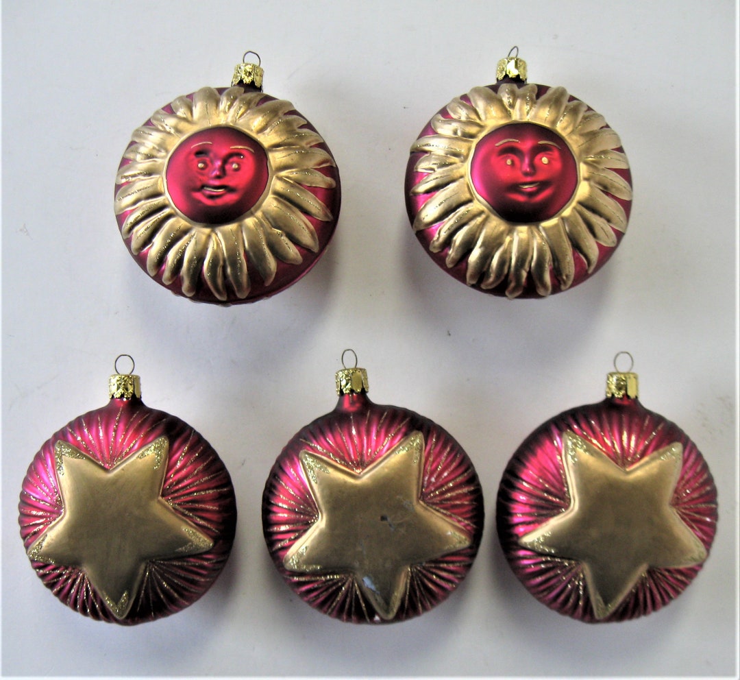 5 Large Vintage Red Celestial Christborn Christmas Tree Ornaments, 3 1/