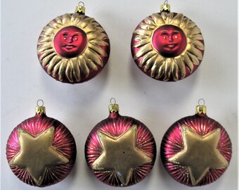 5 large Vintage red Celestial Christborn Christmas tree ornaments, 3 1/2" x 3 1/2", Sunburst, Moon, Stars, collectible 80's tree trimmings