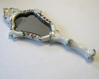 Vintage Italian ceramic Vanity hand Mirror, 12", Hand painted floral hand Mirror, white hand mirror, felted back, Florentine style décor