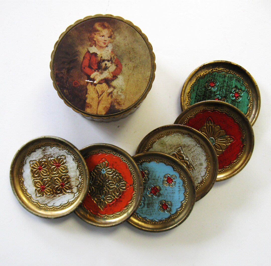 6 Vintage Italian Toleware Coasters in Caddy, Gilded Florentine Barware ...