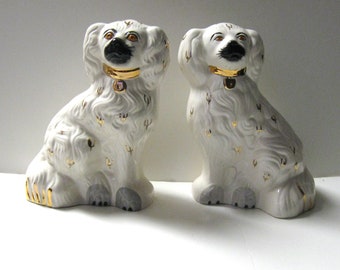 Pair of vintage 8" English Beswick Staffordshire ceramic dogs, gold collar and medallion, Wally mantle dogs, 1378-5, English Country décor