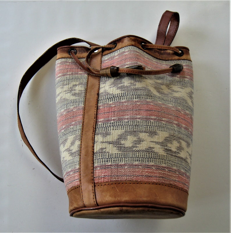 Boho tapestry rucksack shoulder purse gift idea Vintage Large woven Kilm drawstring backpack adjustable strap Leather trim 14 tall