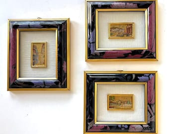 Set of 3 Framed Italian Gold Foil Chromolithograph Prints, Vintage Building Scenes