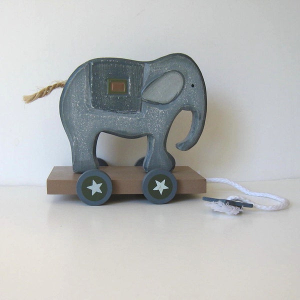 Vintage Wooden Elephant pull toy, Primitive Folk Art, Home decor