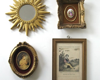 4 framed vintage wall hangings, Sunburst mirror, ceramic pastoral scene, children's book print, Victorian portrait, gallery wall hangings