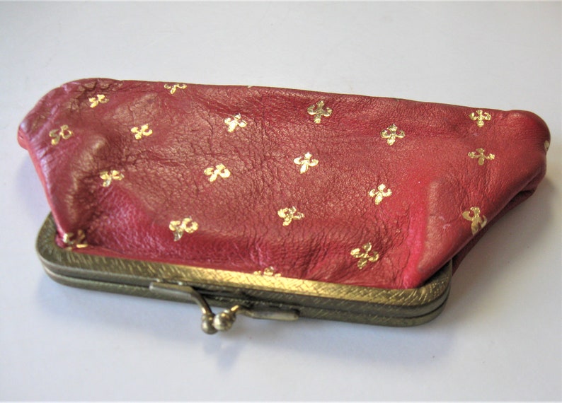 Florentine wallet gift idea gold stamped Fleur de Lis design Vintage gold stamped red Italian leather coin purse 6 12 x 4 kiss lock