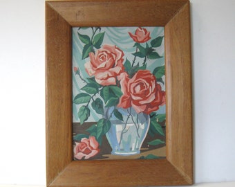 Wood framed paint by number still life painting, 12" x 16", pink roses bouquet, Retro 50's PBN painting, MCM kitsch gallery wall décor