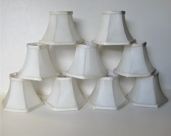 Set of 9 vintage fabric chandelier lampshades, 4" tall, ivory cream, hexagon bell shaped, shabby cottage décor, MCM, French Country décor