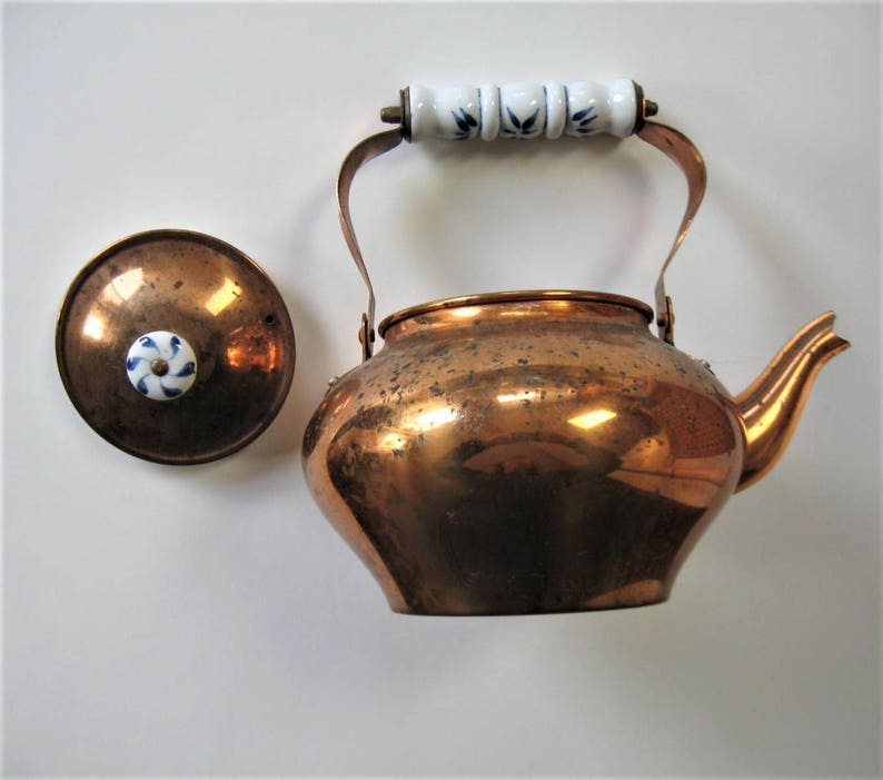 Vintage Copper Teapot Delft Blue Ceramic Handle Tea Kettle Etsy