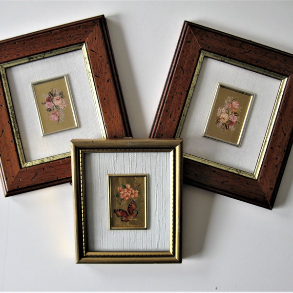 3 framed 23K gold leaf Chromolithograph flower prints, Italian wall hangings, 6 1/4" x 7, Certificate of Guarantee, wormwood and gold frames