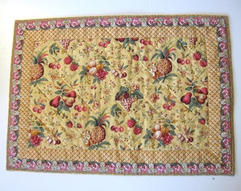 Set of 4 vintage Pierre Deux quilted placemats, fruit and flower pattern in ochre yellow, Souleiado, French Country linens, Les Olivades