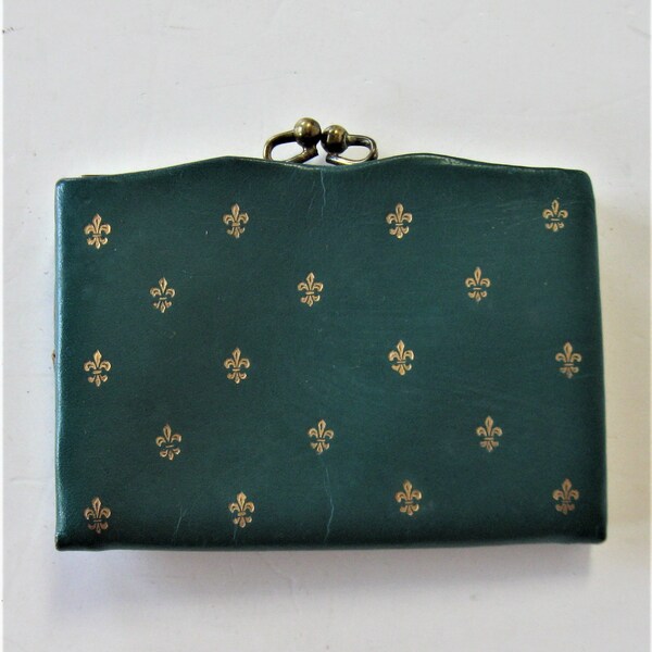 Vintage gold stamped green Italian leather coin purse, 4" x 3", gold stamped Fleur de Lis design, kiss lock, Florentine wallet, gift idea