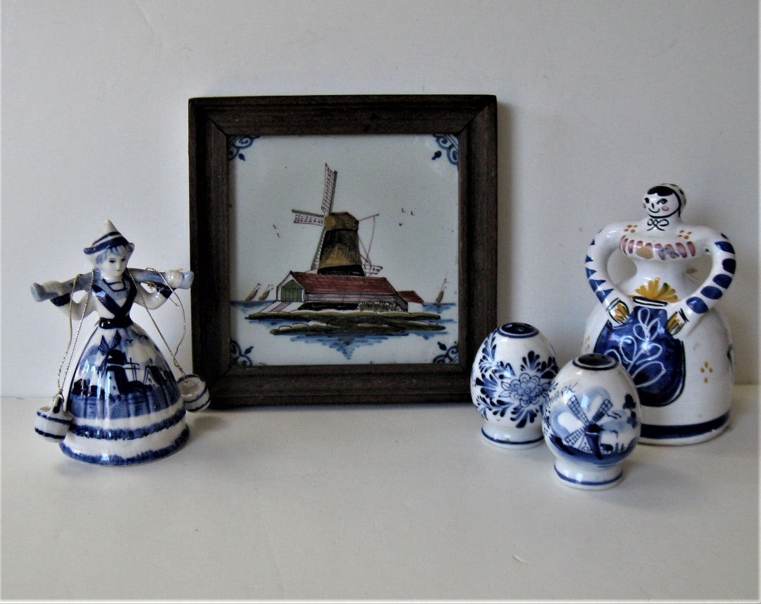Lot of 5 Blue and White Delft Ceramics, Framed Ceramic Tile, Salt and ...