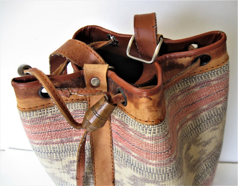 Boho tapestry rucksack shoulder purse gift idea Vintage Large woven Kilm drawstring backpack adjustable strap Leather trim 14 tall