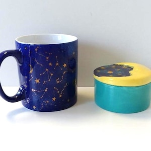 Vintage Celestial décor, round lidded ceramic trinket box, sun, half moon, stars, blue and gold ceramic coffee cup, wiccan gift