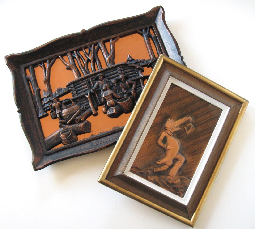 2 Vintage Framed 3D Copper Relief Wall Hangings, 14 X 10, 8 X 11 ...