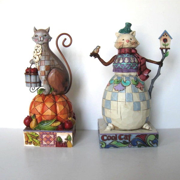 SALE, Lot of 2 Jim Shore Holiday Cat figurines, Thanksgiving, Pumpkin, Snowman, Christmas decor, instant collection, 8" tall, gift idea